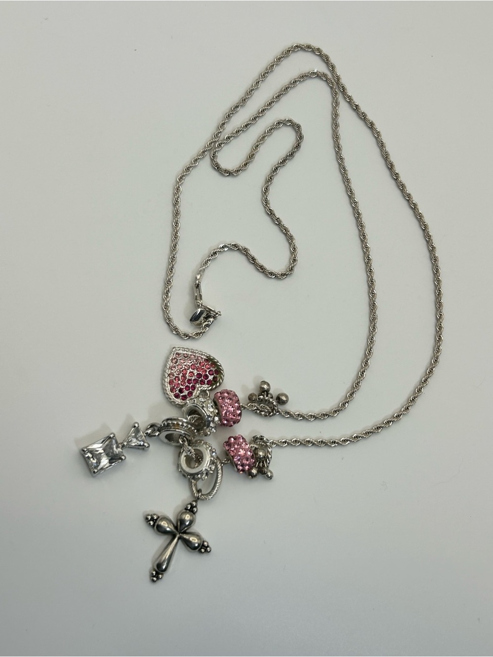 Sparkling Pink Crystals Charm Necklace Silver-tone Cross 30" Unsigned - Picture 5 of 13